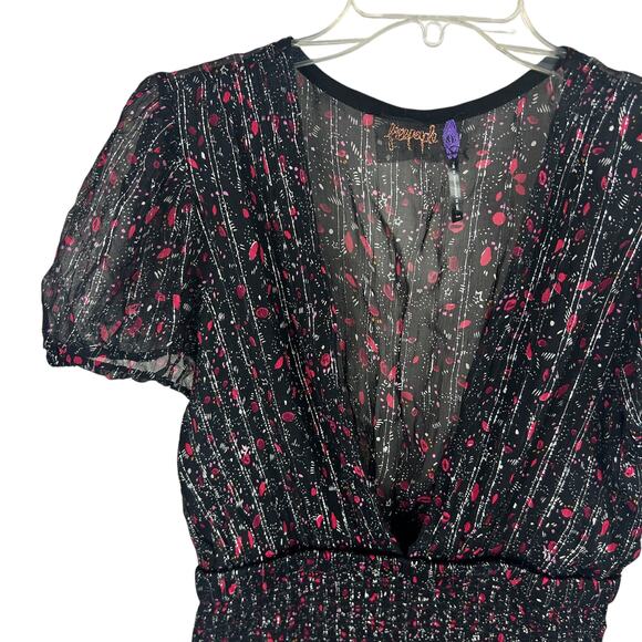 Free People Smocked Black V Neck Shimmer Cap Sleeve Y2K Mini Dress S - Picture 4 of 8
